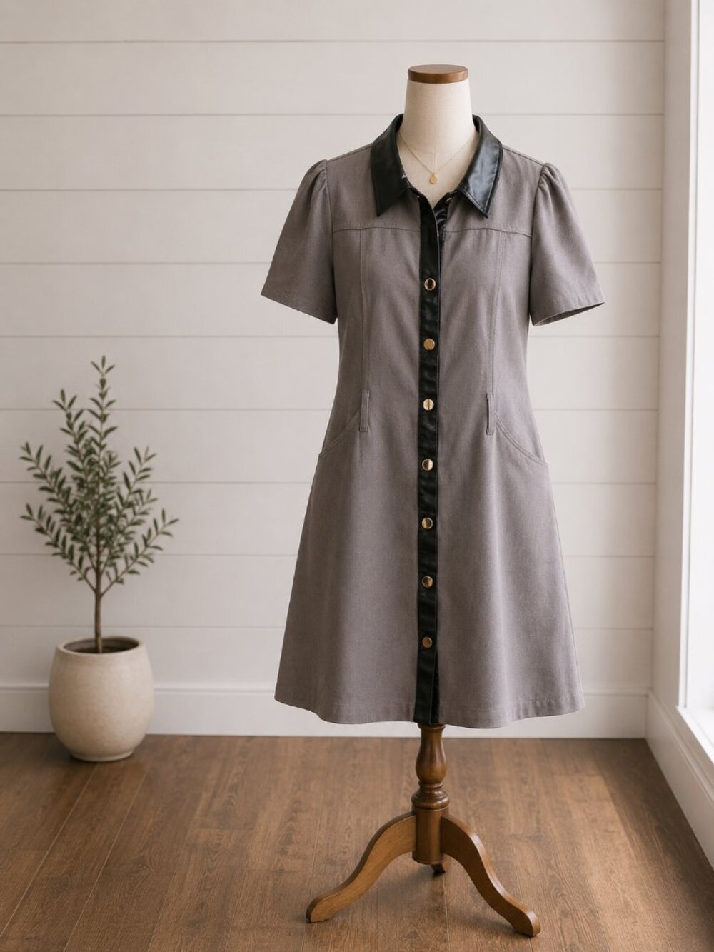 VOY Contrast Faux Leather Shirt Dress | Cotton | Button Front | Pockets | Size L